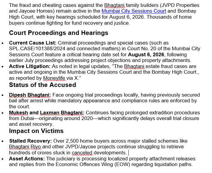 Bhagtani_JVPD's tweet photo. The fraud  cheating cases against Bhagtani family builders (JVPD Properties and Jaycee Homes)  active in the Mumbai City Sessions Court and Bombay High Court, with key hearings scheduled for August 6, 2026 Thousands of home buyers continue fighting for fund recovery and justice. https://t.co/zGvMJtr1CB