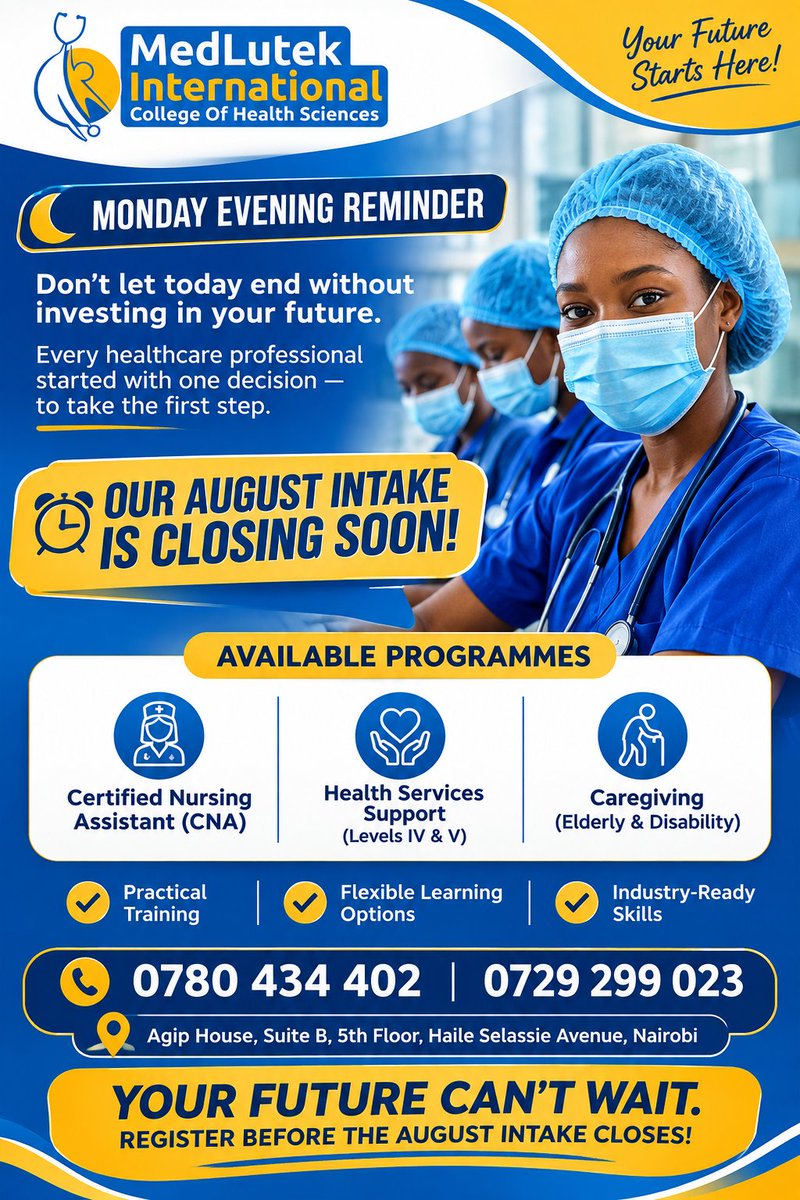 medlutek's tweet photo. Monday Evening Reminder
Your future starts with one decision.
August Intake is Closing Soon!
Register today.

#MedLutekInternational #RegisterNow 
#AugustIntake #fyppppppppppppppppppppppp https://t.co/XmO1tbvPes