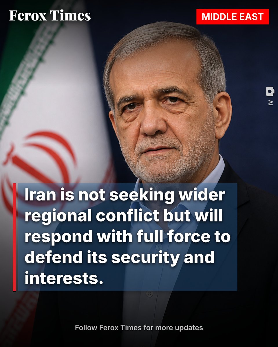 feroxtimes's tweet photo. 🇮🇷 Iranian President Masoud Pezeshkian says Iran is not seeking a wider regional conflict but will respond with full force to defend its security and national interests if threatened.Source: Reuters#Iran #MasoudPezeshkian #MiddleEast #BreakingNews #Geopolitics #FeroxTimes https://t.co/yf62ujgKxv