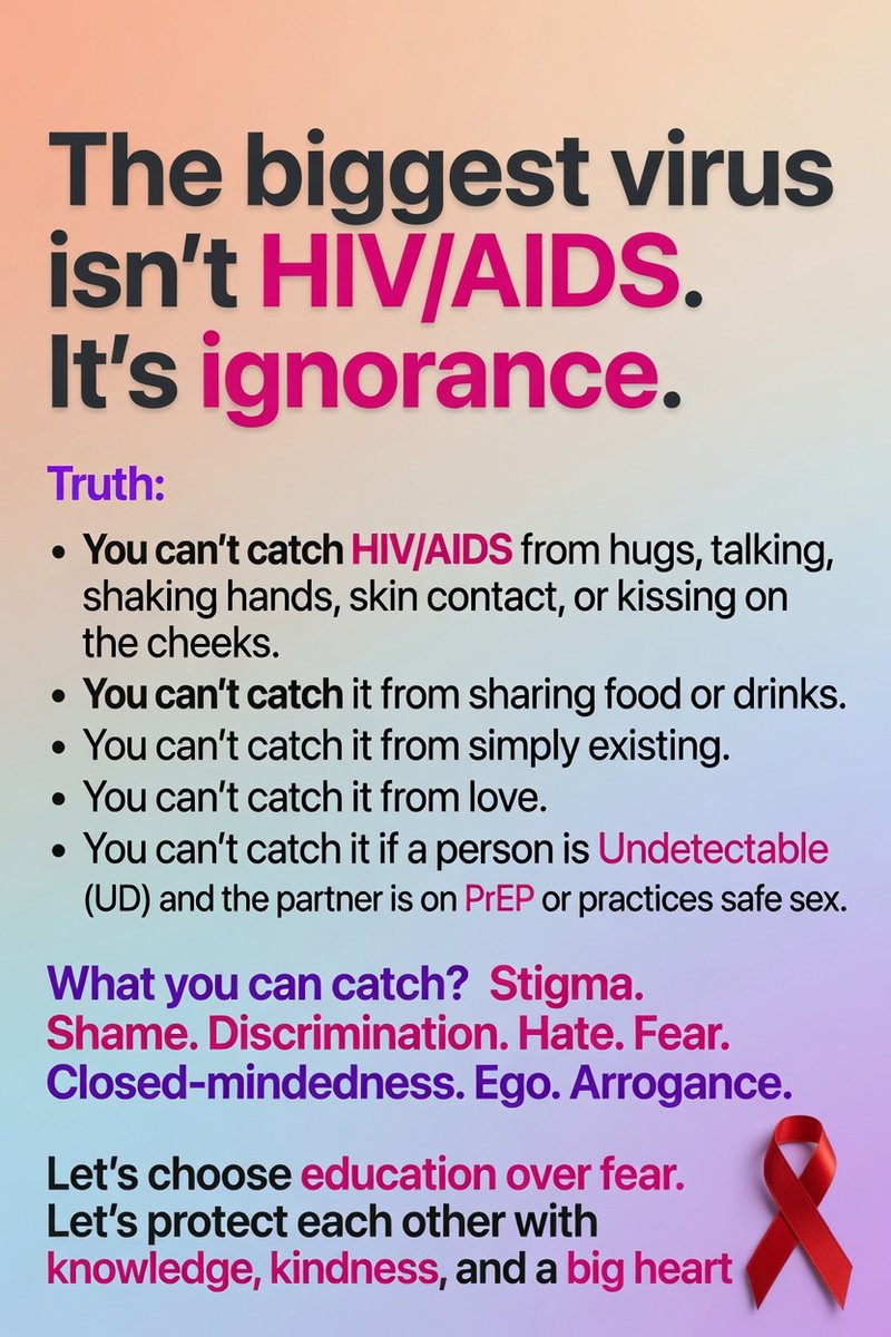 jameSANTI20's tweet photo. ℍ𝕀𝕍 𝔸𝕎𝔸ℝ𝔼ℕ𝔼𝕊𝕊:

The biggest virus isn’t HIV/AIDS.
It’s the IGNORANCE that still surrounds it.

•You can’t catch HIV from hugs, talking, shaking hands, skin contact, or kissing on the cheeks.
•You can’t catch it from sharing food or drinks. 
•You can’t catch it from simply existing.
•You can’t catch it from love.
•And you can’t catch it if a person is Undetectable (UD) and the partner is on PrEP or practices safe sex.

What spreads easily?
Stigma. 
Shame. 
Discrimination.
Hate. 
Fear. 
Closed-mindedness. 
Ego. 
Arrogance.

To everyone who is HIV-negative, 

Thank you for reading this so far.
You have the power to either spread fear or spread understanding.
You have the choice to either push people away or make them feel safe.

HIV/AIDS is not a reason to treat someone as less human.
It is not a reason to withdraw love, friendship, or respect.

For me the real test of kindness is how we treat people who are different from us, kahit ano pa sakit nila or pinagdadaanan nila sa bawat buhay nila - diba! 

So please, lets all;
Choose education over assumptions.
Choose compassion over fear.
Choose to be a safe space instead of another source of stigma.

Because malay mo one day, the person who needs understanding…
might be someone you love na pala. 

Let’s end the ignorance together.
With kindness and a big heart. 

Please share para marami makabasa. Salamat! 

#MrPOZitiveHope #PLHIVph #EndHIVStigma #PLHIV #PLHIVdiaries #Pozirivehope #ChooseEducation #HIVawareness #GodisGood #influencersPH #mentalhealth #Atin #sharingiscaring #philippines
