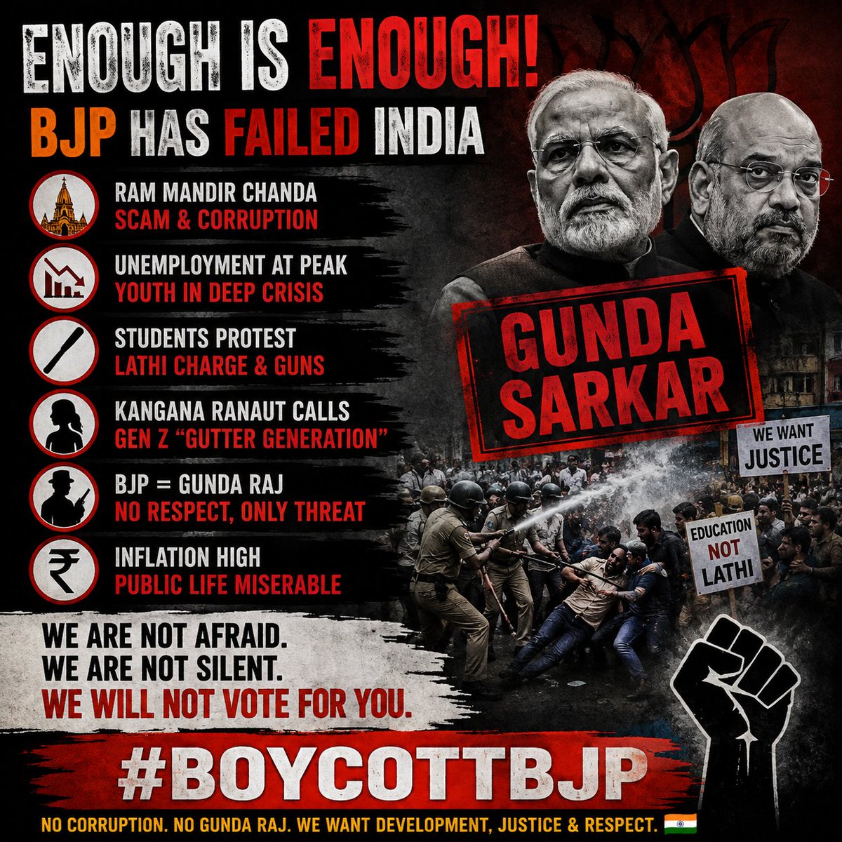cfpofficiall's tweet photo. Enough is enough—India deserves accountability, dignity and democracy, not intimidation and abuse of power. 🇮🇳 #BoycottBJP #BJP #GenZ #StudentsProtest #YouthOfIndia #Democracy https://t.co/rPMXPZuFI0