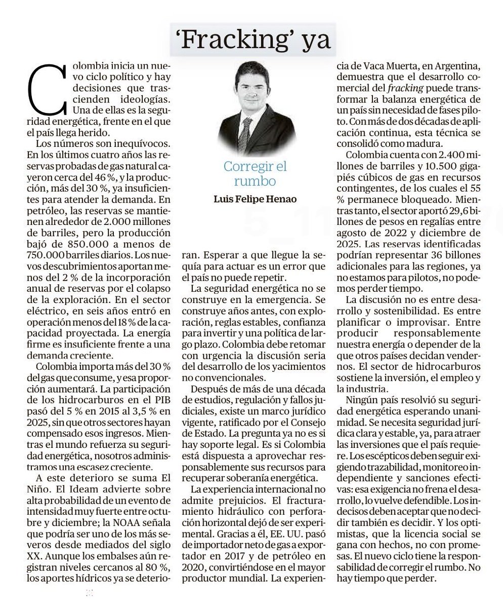 maugutierrezd's tweet photo. Suscribo cada palabra de esta columna de @luisfelipehenao, y subrayo el dato que debería cerrar la discusión: El 55% de nuestros recursos contingentes siguen bloqueados. Eso no es una posición ambiental, es capital muerto en el balance del país. $36 billones que las regiones no reciben mientras seguimos deliberando.
Quien decide bloquear no paga el costo. Lo pagan La Guajira, Cesar, Meta, Casanare, Arauca y las comunidades más vulnerables del país.
La pregunta ya no es si podemos. Es cuánto cuesta seguir aplazándolo.