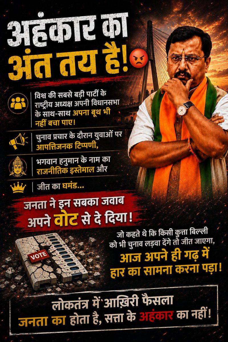 Manju_Sharma74's tweet photo. 😡 अहंकार का हिसाब जनता ने कर दिया!
सत्ता के नशे में चूर लोगों को जनता ने एक वोट की ताकत दिखा दी।
जो दूसरों की जीत-हार का फैसला सुनाते थे, आज अपने ही गढ़ धराशायी हो गए।
🔥 कुर्सी का घमंड मत करो—कुर्सी जनता देती है और जनता ही छीन सकती है।
लोकतंत्र में नेता नहीं, जनता सर्वोपरि है। https://t.co/Zql2iHGY1b