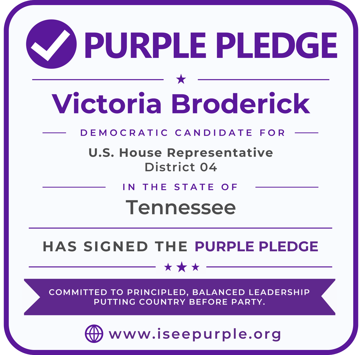 purplepledge's tweet photo. ✅ Victoria Broderick has signed the #PurplePledge.

As a candidate for U.S. House #TN04, Victoria Broderick is publicly committing to principled, country-first leadership grounded in truth, integrity, accountability, and service to constituents over partisan loyalty.

The Purple Pledge asks candidates to put democratic principles and constitutional governance above party loyalty — and gives voters a clear way to see who is willing to make that commitment publicly.

Voters can join the movement too by signing the Purple Pledge at https://t.co/bGUNfX6kTT.  

#ISeePurple #Tennessee2026 #CountryBeforeParty