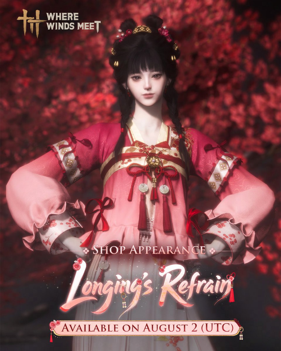 WhereWindsMeet_'s tweet photo. ⭐New Appearance: Longing's Refrain is now available! 
​Poems spun into silk, crimson seeds to carry my love. I hope you know this endless yearning, etched in my very bones. https://t.co/rFLmmWcYP1