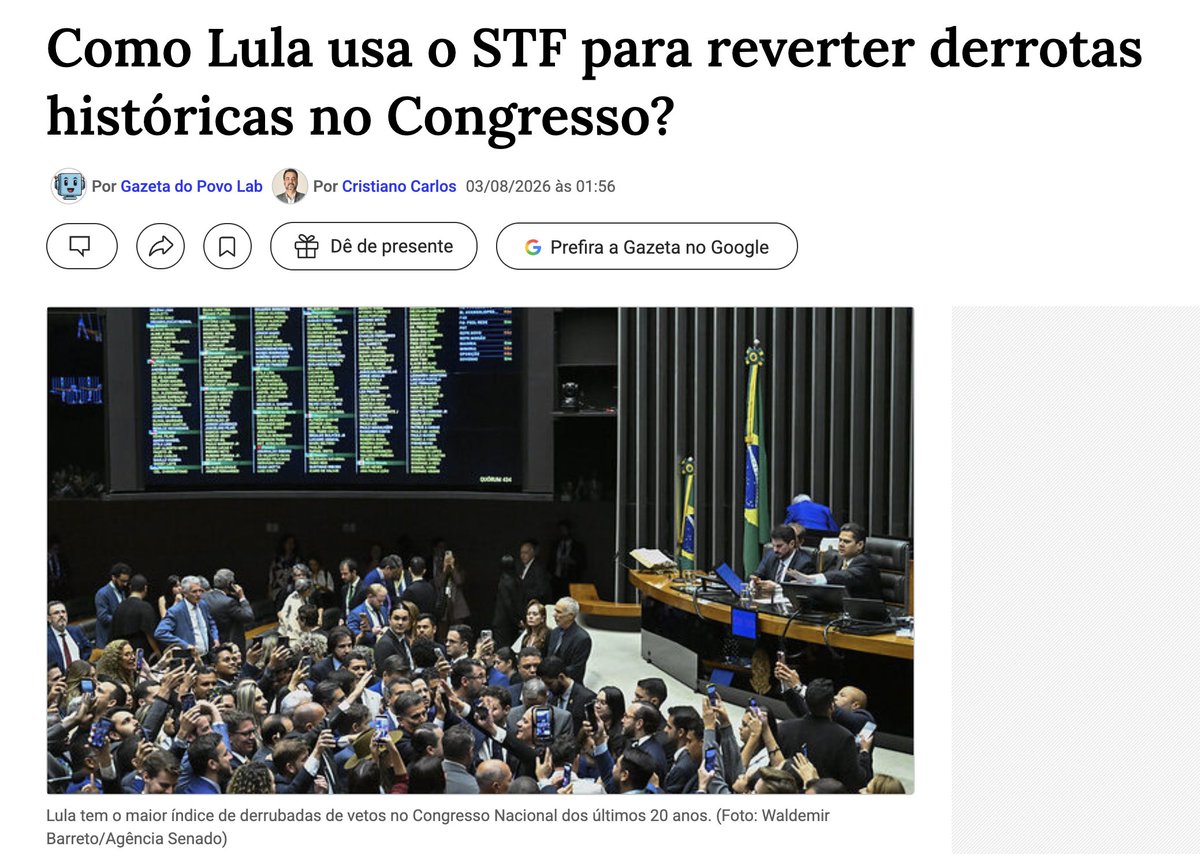 JeffreyChiquini's tweet photo. O STF ESTÁ NA COLIGAÇÃO DO LULA!

Nos três primeiros anos deste mandato, o Congresso derrubou 49% dos vetos presidenciais.

IMEDIATAMENTE, o governo corre ao STF para tentar reverter a derrota.

Ou seja, quando Lula é rejeitado, o STF entra em campo para ajudá-lo... https://t.co/45ftAzVbSg