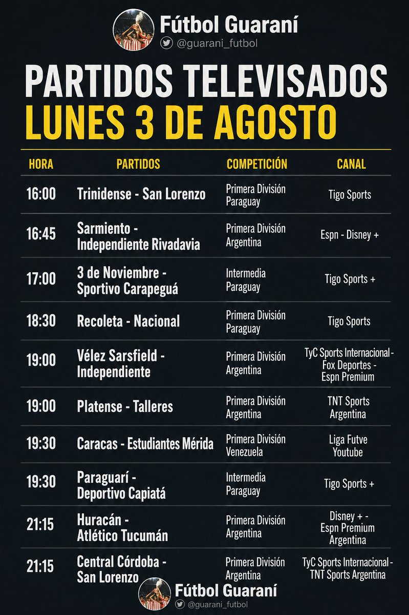 guarani_futbol's tweet photo. Partidos televisados lunes 3 de agosto. https://t.co/L7IpUoQWxn
