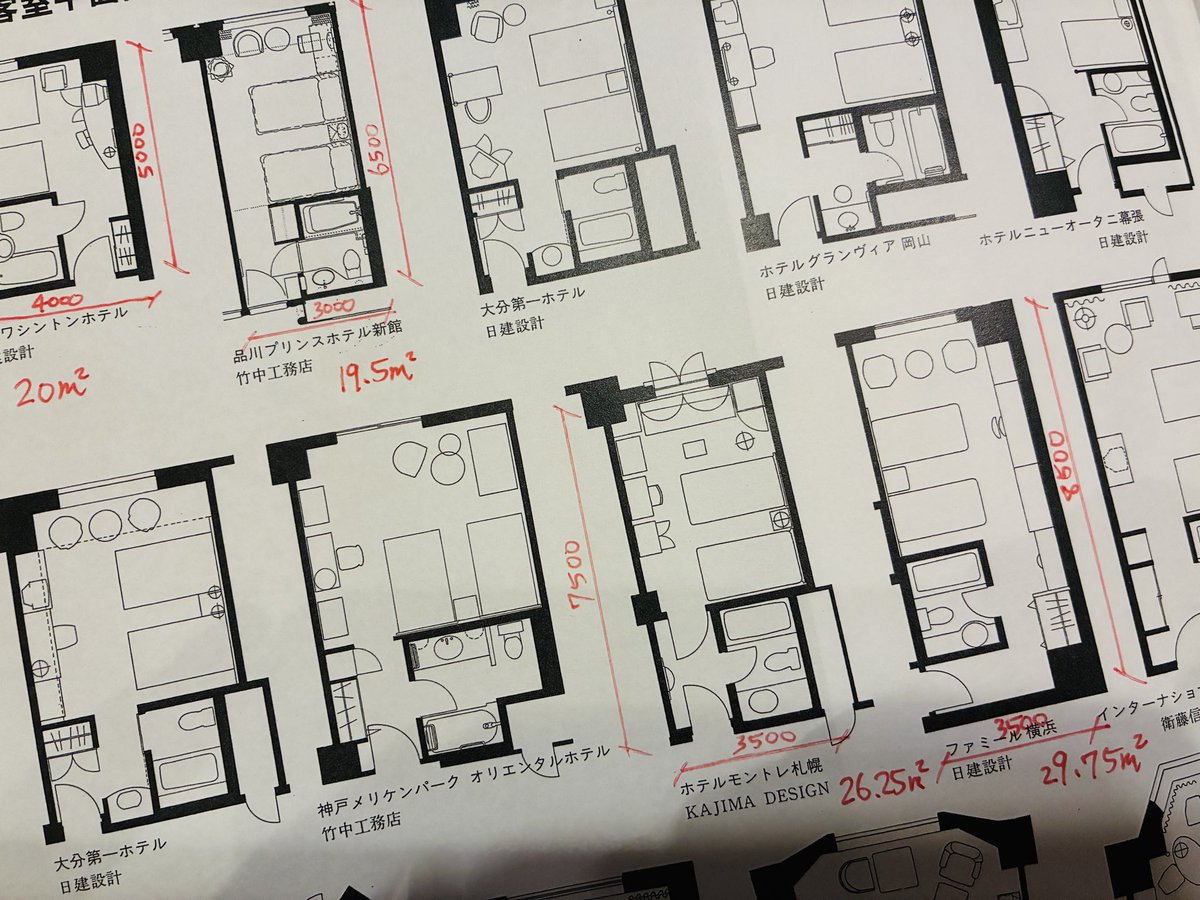soralikes's tweet photo. ツインルームを基準にすると6×6グリッドはかなり無理がありそう…
柱無ければ品川プリンスのように6×6で納まりそうだけど、短手7mスパンが安定か… https://t.co/YDI0SRfiBf