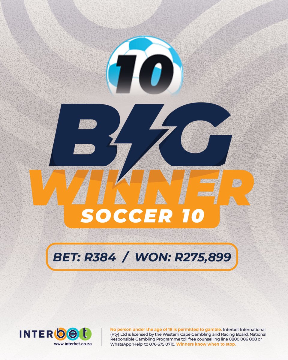interbet1's tweet photo. ⚽ Soccer 10 Big Winner!

R384 in. R275,899 out. 👏

Predict the results of 10 soccer fixtures &amp; you could share the Soccer 10 payout pool.

New here? Sign up &amp; get a First Deposit Bonus Match up to R2,000. 

🔗 https://t.co/WCdhAWEUVM

#Interbet #BigWinner #Soccer10 https://t.co/6njuTDtUy3