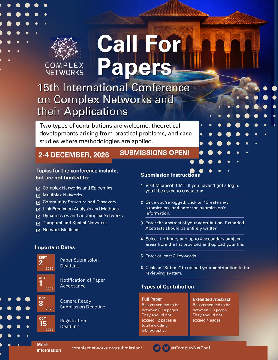 ComplexNetConf's tweet photo. 📢 The Call for Papers for #ComplexNetworks2026 is OPEN!
Join us in Granada 🇪🇸 to present your theoretical developments and applied case studies in #NetworkScience !
📅 Dec 2–4, 2026
⏳ Deadline: Sept 2, 2026
Submit your work today: https://t.co/hQtO16TXav
#CallForPapers https://t.co/OFAUwzuh0c