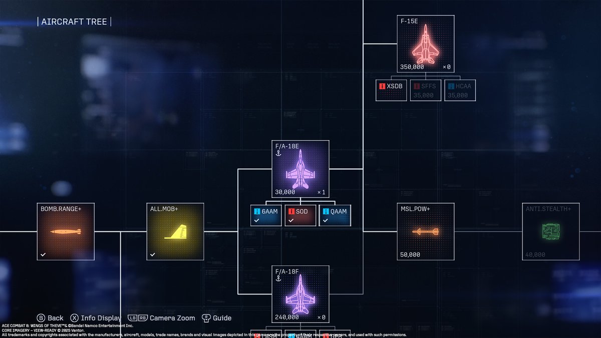 AceCombatGames's tweet photo. Let’s take a look at the AIRCRAFT TREE in #ACE8!
In the AIRCRAFT TREE, you can spend Military Result Points (MRP)—earned in Campaign Mode—to obtain new “aircraft,” “upgrade parts,” and “special weaponry”! Since there are multiple branching paths to obtain them, you’ll need to carefully consider which aircraft and parts you want to acquire and proceed strategically!
#ACECOMBAT