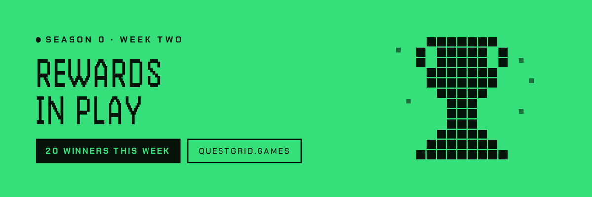 playquestgrid's tweet photo. Week 1 rewards are paid. Week 2 just went live.

Bigger pool this week, and we added a prize track for the players actually bringing people in. Not for registering wallets, for bringing people who play.

Testnet, no token, no market. You're all early and we intend to keep proving that means something.

Full breakdown and terms 🏆
: https://t.co/CIt2ED2NEr