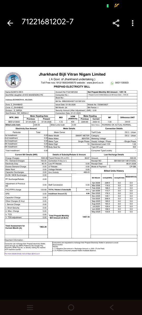 sonukumar19934's tweet photo. Consumer Account No:71221681202
​Consumer Name:SUNITA DEVI
​Sub-Division: SD_NIRSA-2 (Dhanbad Circle
मासिक खपत 200 यूनिट से कम (122.30 units) होने पर भी प्रीपेड वॉलेट में नेगेटिव बैलेंस लगातार बढ़ रहा है। कृपया इस बकाये (Arrear) का पूरा ब्रेकअप/लेजर प्रदान करें और गलत चार्ज हटाएं https://t.co/TibVihWFHK