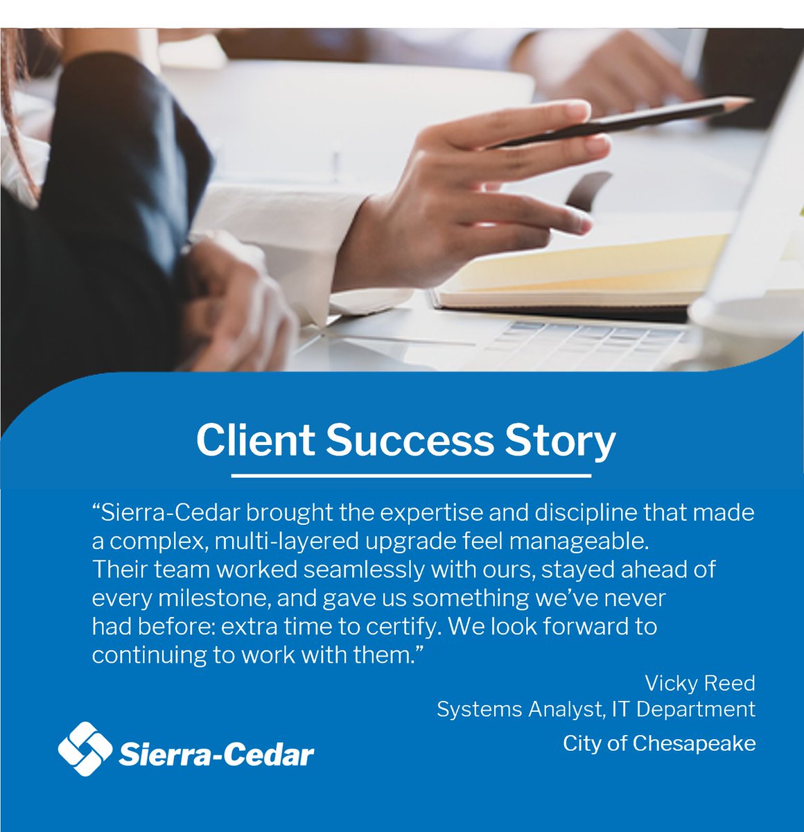 SierraCedar's tweet photo. The City of Chesapeake needed a complex, multi-environment PeopleSoft upgrade - fully remote, minimal disruption, tight timeline. We delivered ahead of schedule on every milestone. Read how we modernized six environments with zero production outages.    https://t.co/NOXJs6hlXC https://t.co/o1ojAEMSph