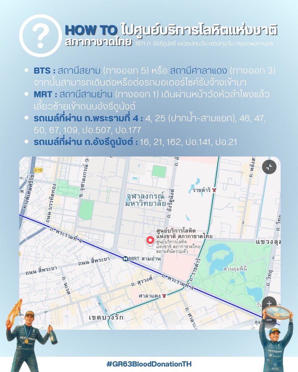 _thisismarch's tweet photo. 🏎️ please kindly retweet ⋆⁺₊⋆

🏁 ❝GR63 Brought Us Together: We Give Something Back❞ — blood donation project

💨 ขอเชิญชวนแฟนคลับจอร์จ รัสเซลล์ (จ้อจรัสเซ้ว น้องจ้อจ พี่จอร์จ) และแฟนคลับนักแข่ง F1 ทุกท่านร่วมบริจาคโลหิต ช่วยชีวิตเพื่อนมนุษย์ด้วยกัน ✨ไม่ว่าจะอยู่ที่ไหน (ในประเทศไทย) ก็บริจาคได้ตลอดเดือนสิงหาคมนี้ 🪄

⚠️ เนื่องจากข้อจำกัดของระบบรหัสโครงการ (Project Code) ของสภากาชาด จึงปรับมาใช้วิธีการนัดหมายบริจาควันเดียวกันแทน โดยเจ้าหน้าที่ยินดีจัดเตรียมพื้นที่รองรับแฟนคลับ 🤍

🩵[รูปแบบที่ 1 ] : มาเจอกันที่สภากาชาด
สำหรับผู้ที่สะดวกมาร่วมบริจาค
🗓️ วันอาทิตย์ที่ 16 สิงหาคม 2569
⏰ ตั้งแต่เวลา 09:00 น. - 14.00 น.
📍 ศูนย์บริการโลหิตแห่งชาติ สภากาชาดไทย
⏳ ระยะเวลาลงทะเบียน : วันที่ 3 - 10 สิงหาคม 2569 🔗 https://t.co/MP7WcnGsDj   
*ไม่มีค่าใช้จ่ายในการเข้าร่วมกิจกรรม*

🩵 [รูปแบบที่ 2 ] : สะดวกที่ไหน ไปที่นั่น 🛞
สำหรับท่านที่ไม่สะดวกในวันงาน หรืออยู่ต่างจังหวัด สามารถบริจาค ณ ภาคบริการโลหิตแห่งชาติ 12 แห่ง หรือ รพ.ประจำจังหวัดใกล้บ้านได้ตลอดเดือนสิงหาคม

📸 เมื่อบริจาคเลือดแล้วอย่าลืมถ่ายรูปพร้อมติดแฮชแท็ก #GR63BloodDonationTH ลงโซเชียลมีเดีย และนำมาส่งในแบบฟอร์มเพื่อรับของที่ระลึกเล็กน้อยแทนคำขอบคุณ ส่งตรงถึงหน้าบ้านทุกท่าน 🩵
🔗 https://t.co/MP7WcnGsDj   
⏳ ระยะเวลาเปิดแบบฟอร์มรับของที่ระลึก
: วันที่ 3 - 31 สิงหาคม 2569 

🎁 สำหรับแฟนคลับท่านใดมีความประสงค์ต้องการนำ GIVEAWAY / ขนม / เครื่องดื่มมาแจกแก่ผู้เข้าร่วมกิจกรรมสามารถติดต่อทาง DM ได้เลย 🎈

ด้วยรัก. #สมาคมแม่น้องจ้อจแห่งประเทศไทย