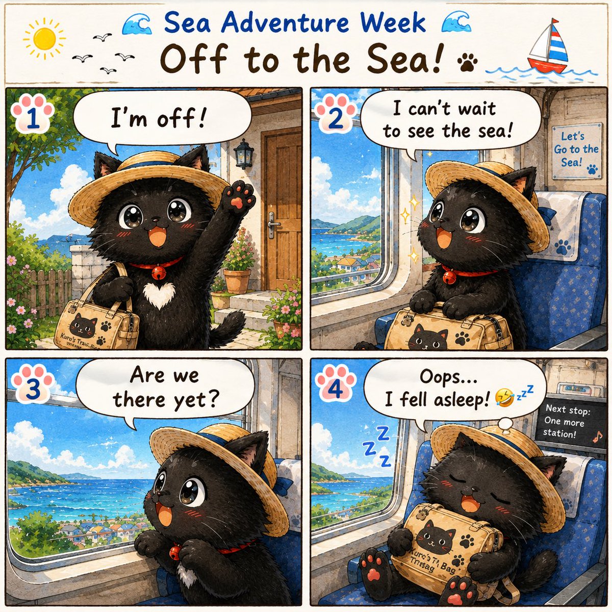 jun_blair_melon's tweet photo. Good Meowning~ 🐈‍⬛🐾✨
We're off to the beach today! Let's make wonderful summer memories! 🌊🚃
Have a purrfect day!

#BlackCat #Cats #CatComic #Beach #Summer #CuteCats #Illustration #Wholesome https://t.co/FbEO8LCS5P