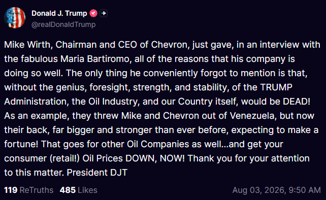 NaeemAslam23's tweet photo. 🚨 🇺🇸 TRUMP DEMANDS LOWER GASOLINE PRICES AS PRESSURE BUILDS ON U.S. OIL COMPANIES

President Donald Trump urged oil companies to cut retail fuel prices, writing, “Oil Prices DOWN, NOW!” after praising Chevron’s performance and saying lower crude prices should reach consumers at the pump.

The focus now shifts from crude oil to refining and fuel margins. Lower pump prices reduce inflation pressure, strengthen household spending and increase scrutiny on refiners and fuel retailers.

Consumers gain from cheaper gasoline, while airlines, transport and retail stocks benefit from lower fuel costs. Refining margins face the greatest pressure if pump prices fall faster than crude costs.