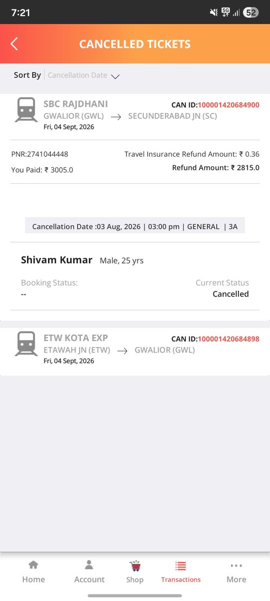 Slayer_queen67's tweet photo. 22692 K S R Bengaluru Rajdhani Express 

PNR - 2741044448

I cancelled this ticket but my refund not reflected into my bank account. 
Please review this case asap.
@IRCTCofficial 
@RailwaySeva 
@RailMinIndia https://t.co/rZJh9RXcNt