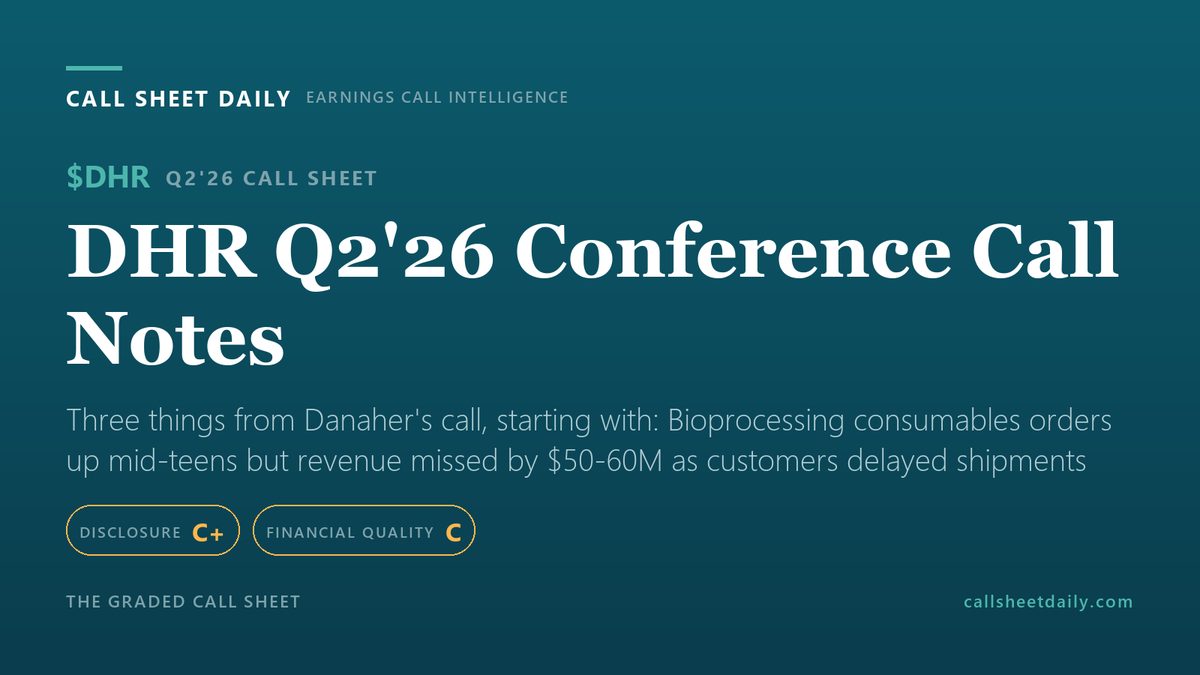 SF_trdr's tweet photo. $DHR Q2'26 earnings call, graded.

Disclosure C+ | Financial Quality C

Bioprocessing consumables orders up mid-teens but revenue missed by $50-60M as customers delayed shipments...

Grade, bottom line, and what changed https://t.co/PIBmVm0JaD