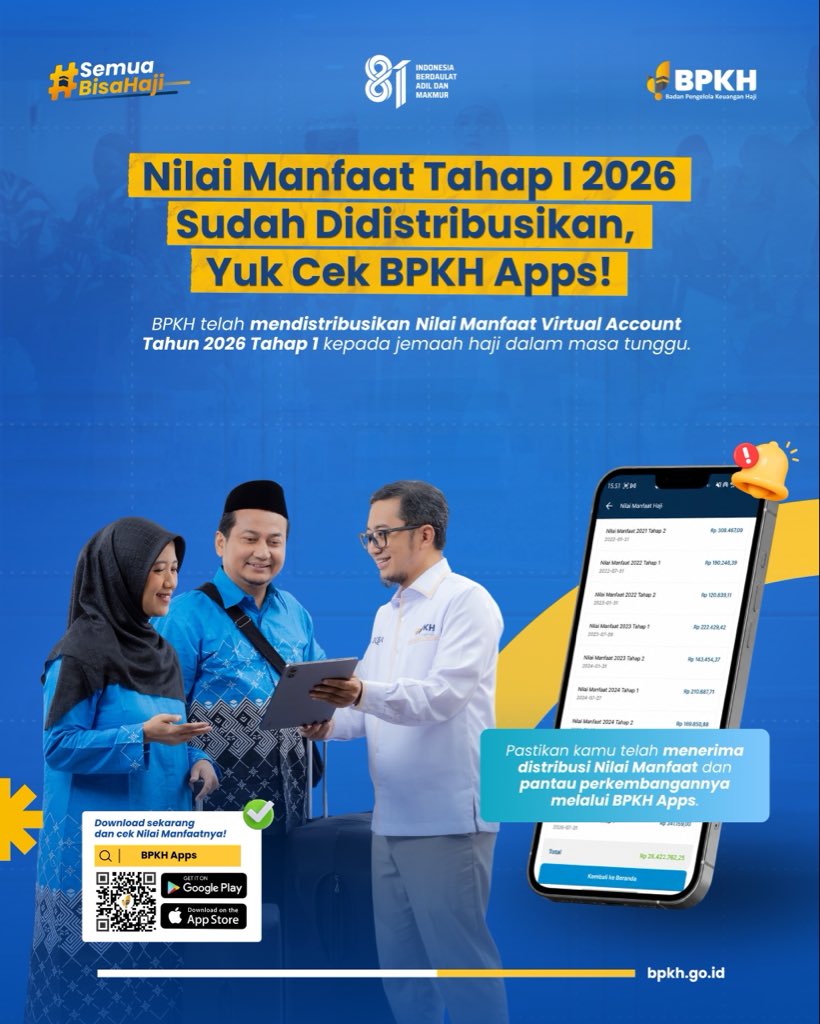 BPKHRI's tweet photo. Alhamdulillah, Nilai Manfaat Tahap I 2026 sudah didistribusikan! 🎉

Kabar baik untuk seluruh jemaah haji dalam masa tunggu! BPKH telah mendistribusikan Nilai Manfaat Virtual Account Tahun 2026 Tahap 1 kepada seluruh jemaah haji.

Yuk, segera cek dan pastikan Bapak/Ibu sudah menerima distribusinya melalui BPKH Apps. Pantau saldo Nilai Manfaat dan informasi haji lainnya dengan mudah, aman, dan transparan semua dalam satu genggaman! 📱✨

📲 Download BPKH Apps sekarang di Google Play & App Store

#bpkhapps #bpkhri #uanghajikita #semuabisahaji