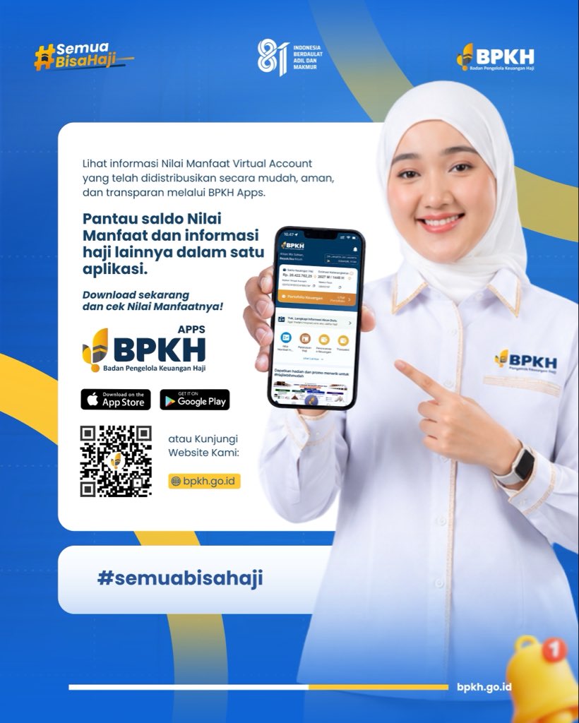 BPKHRI's tweet photo. Alhamdulillah, Nilai Manfaat Tahap I 2026 sudah didistribusikan! 🎉

Kabar baik untuk seluruh jemaah haji dalam masa tunggu! BPKH telah mendistribusikan Nilai Manfaat Virtual Account Tahun 2026 Tahap 1 kepada seluruh jemaah haji.

Yuk, segera cek dan pastikan Bapak/Ibu sudah menerima distribusinya melalui BPKH Apps. Pantau saldo Nilai Manfaat dan informasi haji lainnya dengan mudah, aman, dan transparan semua dalam satu genggaman! 📱✨

📲 Download BPKH Apps sekarang di Google Play & App Store

#bpkhapps #bpkhri #uanghajikita #semuabisahaji