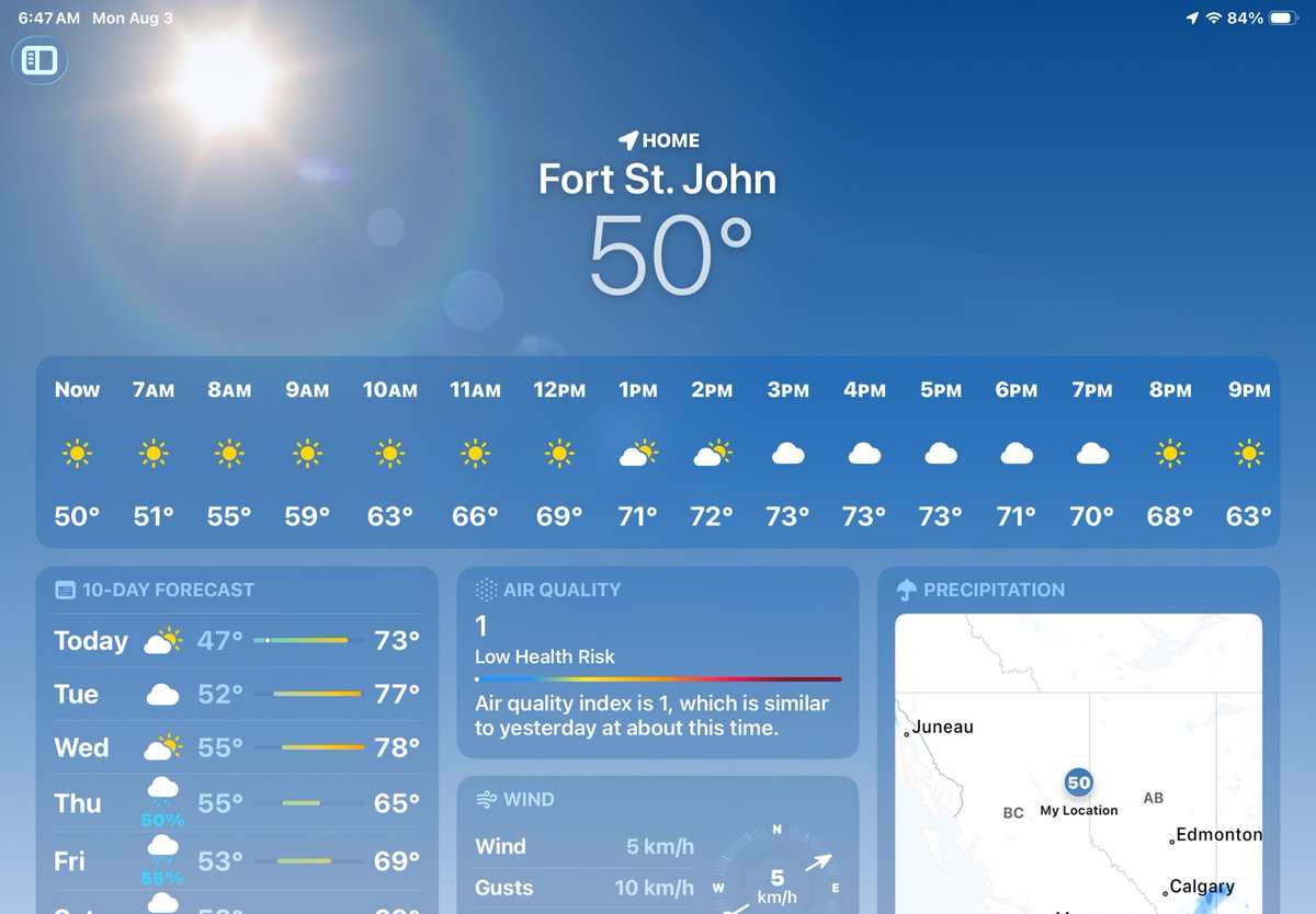 Northerngold01's tweet photo. Good morning friends, L 47F H 73F sun & clouds, expected today in FSJ

A beautiful summer day in Northeast British Columbia smoke free with a breeze coming from the West.

I find it interesting the majority of fires start near roads by lightning 🤔

When you look at a map with the fire locations and Road proximity it seems mathematical impossible to be all lightning, especially when you look at the mass areas of no road access and how few fires there are in those regions.

Just saying there is way more Arson going on than being reported by the NDP Forest Service.

Have a great day everyone 🌞🇨🇦🇺🇸
