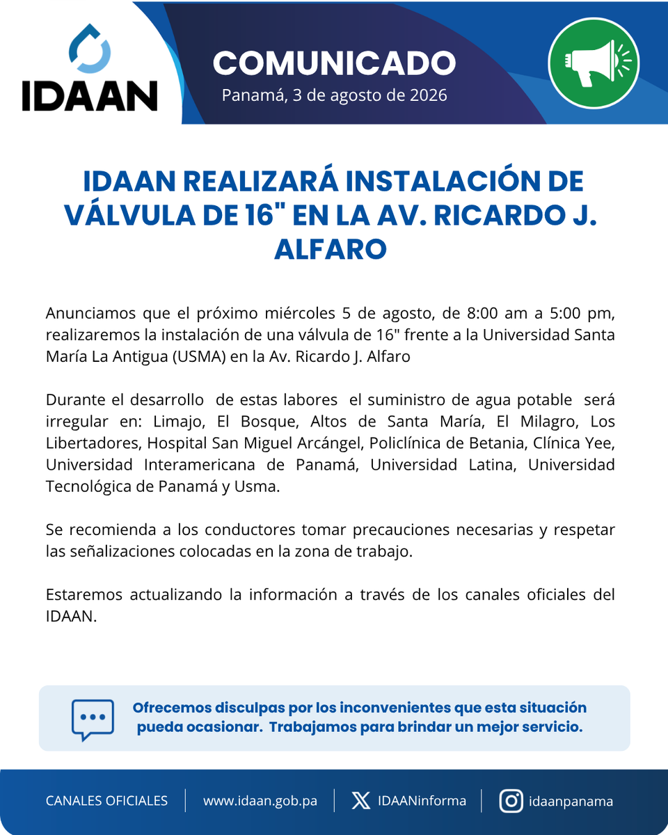IDAANinforma's tweet photo. 📍Tumba Muerto: ¡Aviso Importante!

Este miércoles 5 de agosto de 8:00 am a 5:00 pm. realizaremos la instalación de una válvula de 16" frente en la Av. Ricardo J. Alfaro.