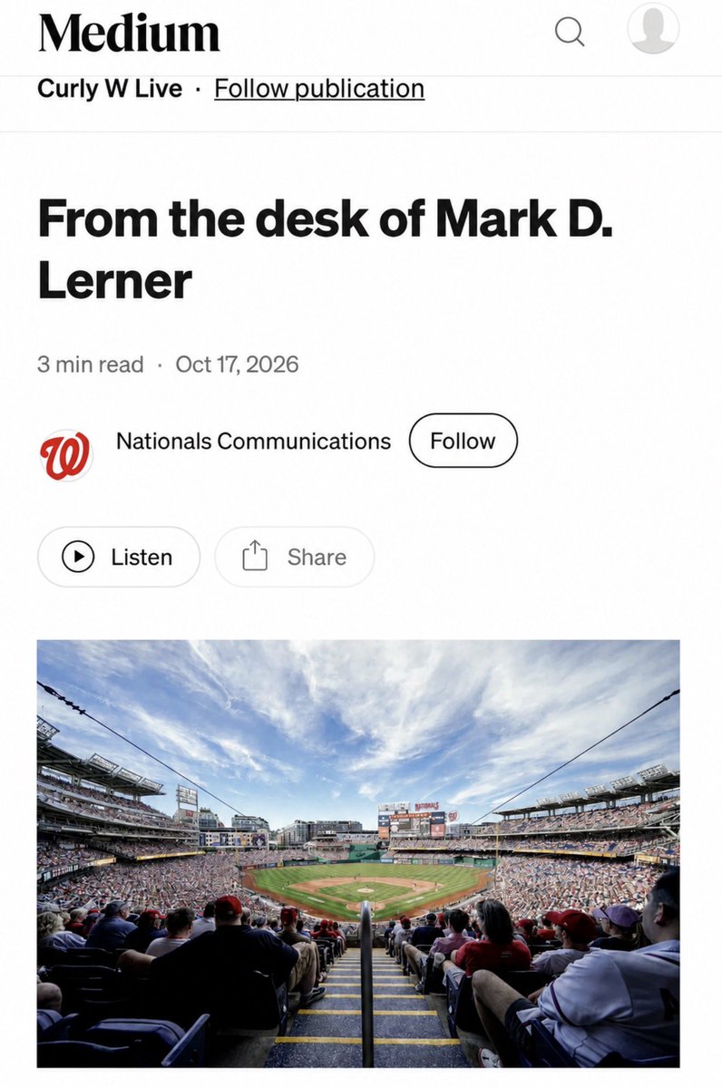 NavyYardNats's tweet photo. October 17, 2026
Annual offseason message. 
𝗙𝗿𝗼𝗺 𝘁𝗵𝗲 𝗗𝗲𝘀𝗸 𝗼𝗳 𝗠𝗮𝗿𝗸 𝗟𝗲𝗿𝗻𝗲𝗿:

Dear Nationals fans, 

At the beginning of every offseason, I send you a message spouting the usual nonsense that I’m expected to say and make promises everyone knows I can’t keep. 

This year I’ve decided to try something new: I’m going to be honest with you. Here it is:

The Nationals organization and fans are rightfully excited about our many good young players. So are we. Kudos to our strong front office teams, both past and present, that assembled those players thru trades and drafts. 

To be clear, this offseason, Paul Toboni will NOT have the financial resources he needs to build a winning team in 2027. Just like we didn’t authorize any spending by Mike Rizzo after 2020. 

The organization will also be jacking up ticket prices and concession costs again. We will also raising Parking prices in our taxpayer funded stadium. 

Despite your many requests, no way we are hosting NatsFest, despite season ticket holders wanting to meet James Wood, CJ Abrams, Brady House, Cade Cavalli, Jake Irvin and Foster Griffin.   

If by chance we do wind up holding NatsFest, it will be outside in the cold January weather rather than inside in the warm convention center.  Why? It’s cheaper. Put another sweater on. 

Most of all, don’t expect any big signings this offseason signaling that we are going to use our great young core of players to try to be a contender. More likely, we will pillage what we have. 

To be sure, we will say the right things and go thru the motions, but don’t forget, other than the Keibert Ruiz extension in 2023, our ownership group hasn’t  agreed to ANY extensions or long term agreements since 2020. 

Why have the other principal owners of the Nationals, my sisters and my brothers in law, prevented us from investing in the organization?  Why are the Nationals regularly among the bottom MLB teams in terms of spending…despite Forbes Magazine estimating our families wealth at $6 billion in 2026? 

Here’s why: 

we are waiting until the MLB Collective Bargaining Agreement is settled and the value of the franchise shoots up $500 million, $1 billion or more and then we will sell to a private equity fund or some Chinese, Korean or Saudi conglomerate. 

We will keep the team’s cost low, so when we sell, our families profit margins will be higher.  

My late father, a homegrown DMV baseball fan, bought the organization for $450 from MLB. When the CBA passes, the Nationals will be worth well over $3 billion, probably more. The Padres just sold for $3.9 billion and the DMV market is twice the size of the San Diego metro market. 

Honestly, Nats fans, why would we spend to try to build a winner? Rizzo’s Soto trade is  paying huge dividends with James Wood & CJ Abrams and Toboni just got 4 good pitchers for Luis Garcia, Jr.  

You Nats fans are really suckers.  I can’t believe you still believe anything I say. 

From the bottom of my heart, thank you again for your support of Washington Nationals baseball. 

Best wishes,

Mark D. Lerner
