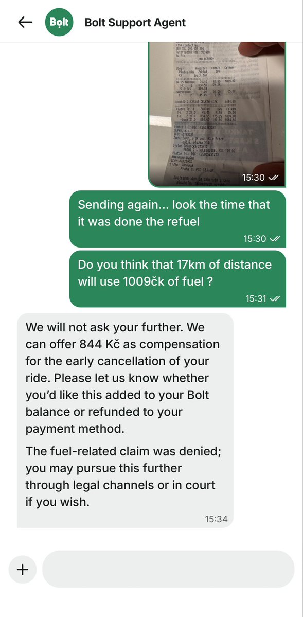 elonsouto's tweet photo. Hey @Boltapp, can you explain this?

I rented a Bolt Drive car in the Czech Republic that was delivered with less than 1/4 tank of fuel. I spent 1,009 CZK refuelling it because I expected to use it normally. 🧵 https://t.co/trxfe9A6hz