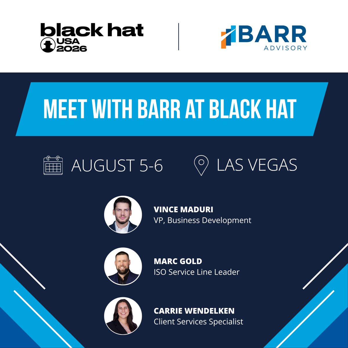 barradvisory's tweet photo. Black Hat is here! 🎩

Members of the BARR team will be on-site in Las Vegas later this week to join the crowd at one of this year’s biggest events in cybersecurity. We’re excited to learn about new developments in security and share our insights on how those innovations are reshaping the compliance landscape.