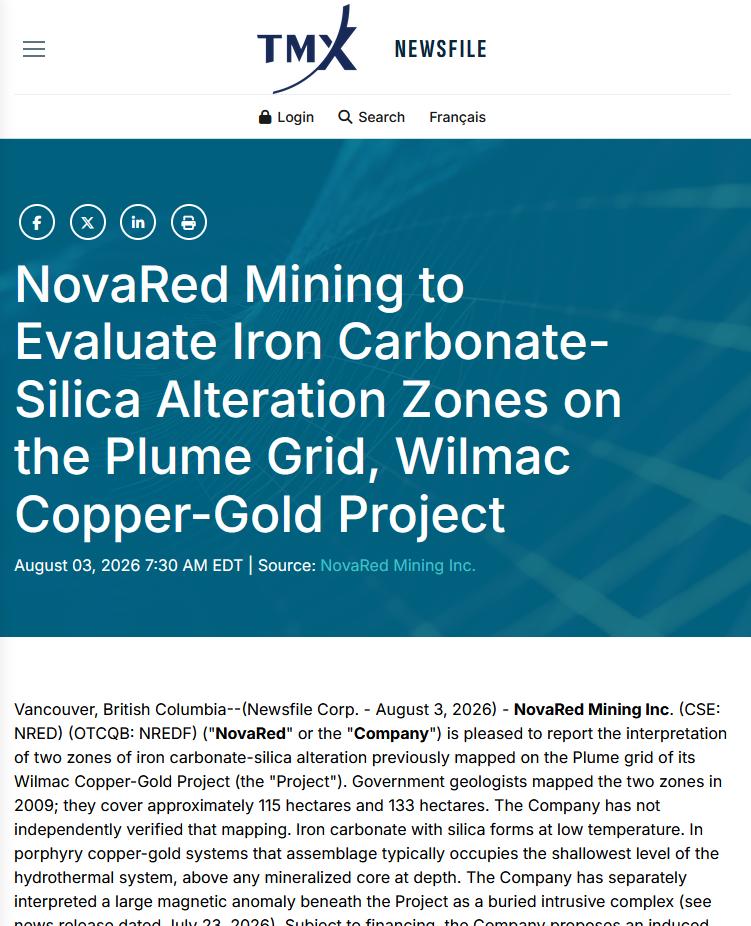 CDaveRecto's tweet photo. BREAKING: This Is Why I Actually LOVE Today's $NREDF PR

I think today's release did something most junior miners never do.

Instead of acting like they already found a deposit, management spent half the news release explaining why they might be wrong.

That's exactly what I want to see.

The company identified two historical alteration zones covering roughly 613 acres on the Plume Grid, sitting above the regional magnetic anomaly announced last week. Now they're planning an IP/AMT survey that can image to roughly 3,300 feet below surface before deciding where to drill. But here's the important part: they openly say there are several possible explanations. It could be the upper part of a buried porphyry system. It could be a younger epithermal system. It could be something else entirely. The survey is meant to separate those possibilities before expensive drilling starts.

That's a very different mindset from "look guys, we definitely found something." Good exploration isn't about forcing the most bullish interpretation. It's about collecting enough evidence to eliminate bad ideas until the strongest target is left. That's also how you avoid wasting hundreds of thousands of dollars drilling the wrong hole.

When I look back over the last few weeks, the strategy actually feels pretty consistent. First the company expanded Wilmac to nearly 39.7k acres. Then it explained the regional magnetic anomaly. Now it's showing why these alteration zones might fit into that same geological model while also admitting there are alternative explanations that still need to be tested.

That's how good example of how exploration teams reduce risk one step at a time.