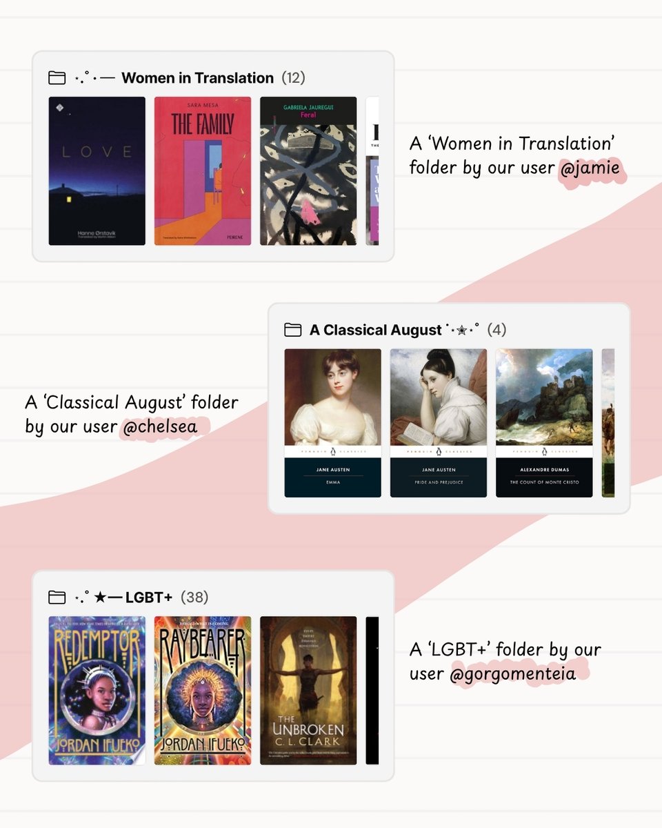 tryannotate's tweet photo. Annotate allows you to create as many folders as you want and display them on your profile, in an order of your choosing! Here are some of our favorite folders.

How are you organising your shelf?

#booktwt https://t.co/TBTgMQlLAJ