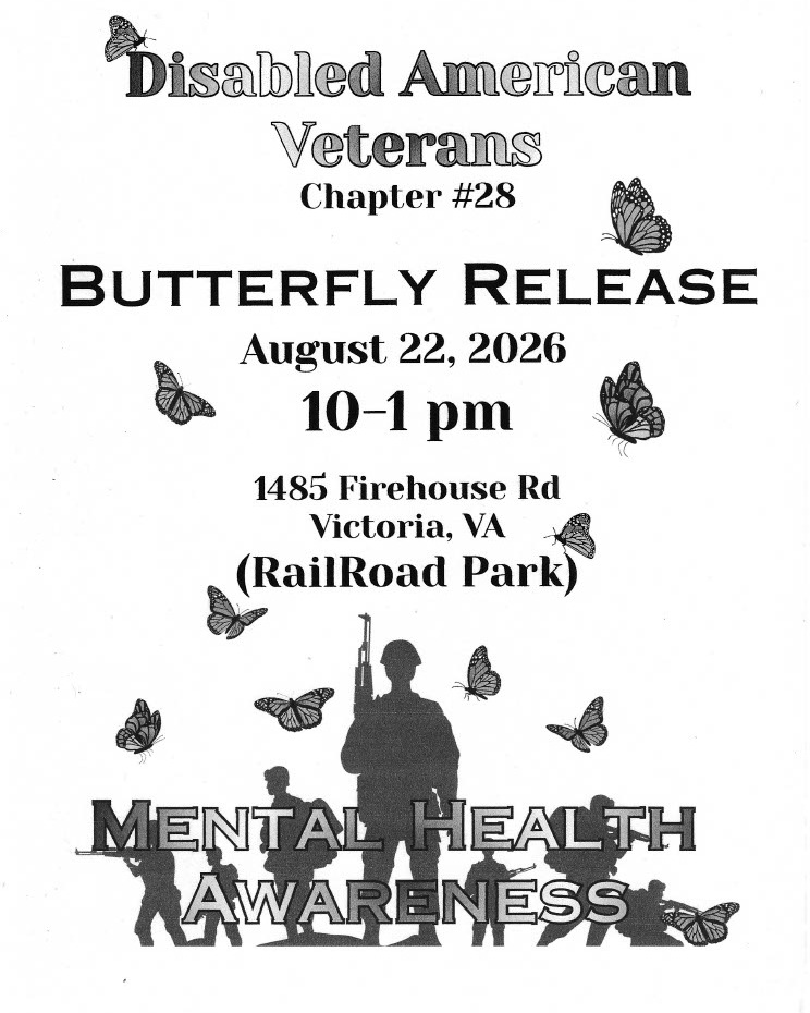 davdeptvirginia's tweet photo. Join DAV Chapter 28 on Aug 22, 10 a.m.–1 p.m. at Railroad Park in Victoria, VA for a Butterfly Release supporting #MentalHealthAwareness among veterans and families. 🦋All are welcome.
#DAVVirginia #DAV #SupportVeterans #VictoriaVA #VeteransAndFamilies https://t.co/Em3va5YpCx