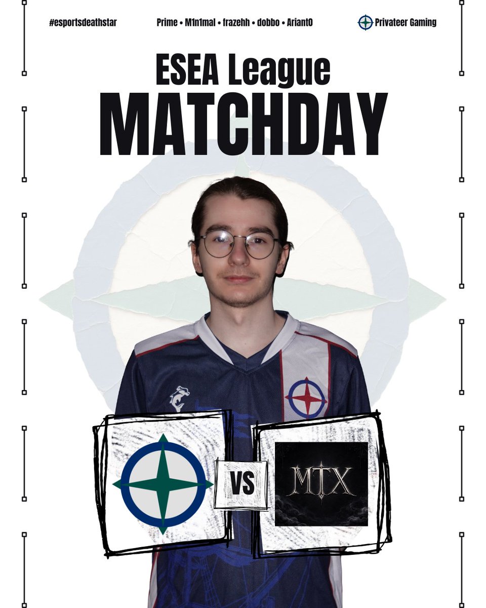 PrivateerGam1ng's tweet photo. ⚔️ MATCHDAY ⚔️

vs @MTX_cs2  — 18:00 BST

It’s a brand new month with a brand new match!

Come support the match live with @PunchyyMP and @arno3K at
🔴 https://t.co/68PYtBOBw8

#PrivateerGaming #esportdeathstar #CS2 #ESEA #PTGWIN https://t.co/aBFtj9GHJt