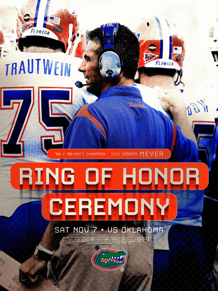 GatorsFB's tweet photo. Coach Meyer ➡️ Ring of Honor 🐊 

🗓️ November 7, 2026 
📰 https://t.co/zxRDcpVZvW

@CoachUrbanMeyer | #GoGators https://t.co/PXsxe8evfO