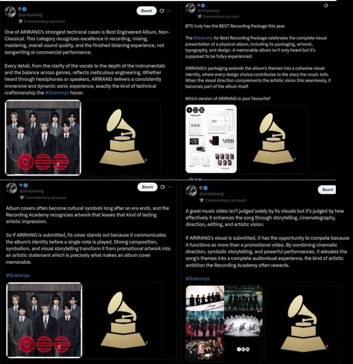 amlysbang's tweet photo. Even though ARIRANG is no longer being submitted to the Grammys, that doesn't change what it is: the most artistically ambitious album released this year.

It was a project that deserved to be in the conversation across multiple categories, with legitimate potential to earn nominations and wins.

However, great art remains. So let's keep talking about ARIRANG for what truly matters: its artistry, its vision, and the risks it took.