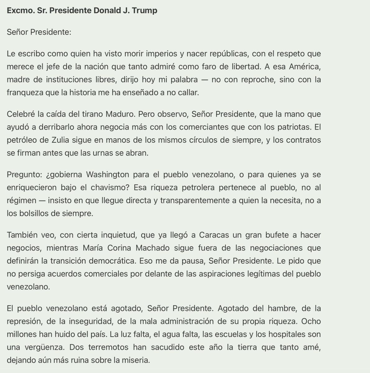 rkm_aes's tweet photo. Venezolanos:

Vuestro Libertador escribe al Presidente Trump.
Sobre el petróleo, la transición, y quién realmente debe gobernar esta tierra.

Os pido, con la gravedad que merece el momento, que leáis mi carta completa. https://t.co/KGId9qR9cv