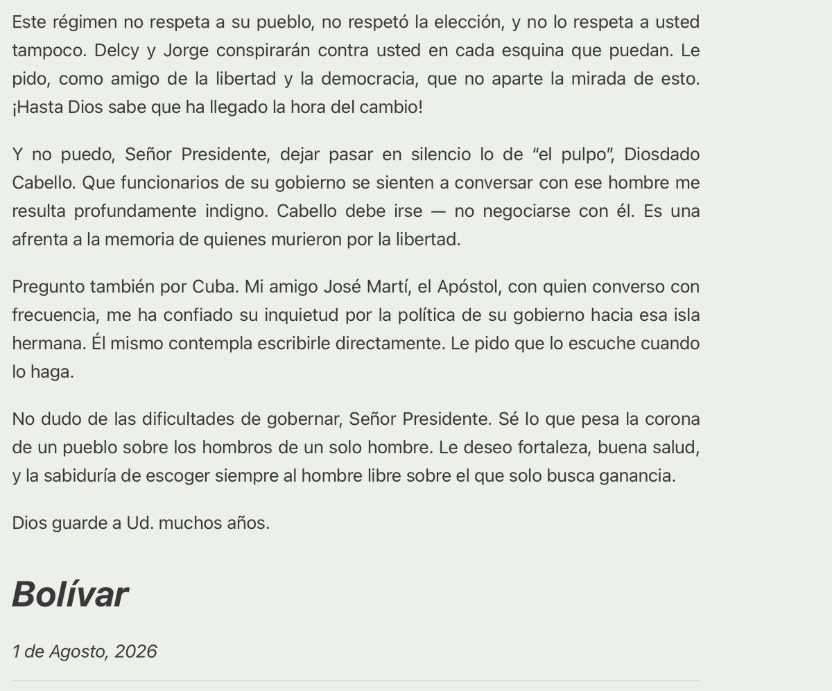 rkm_aes's tweet photo. Venezolanos:

Vuestro Libertador escribe al Presidente Trump.
Sobre el petróleo, la transición, y quién realmente debe gobernar esta tierra.

Os pido, con la gravedad que merece el momento, que leáis mi carta completa. https://t.co/KGId9qR9cv