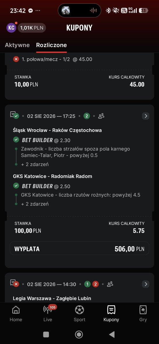MasnyKacper's tweet photo. @pewniaczki_pl @1 U mnie gieksa zamknęła 4 kupony na 1780 złotych i to kibicując na stadionie, więc bardzo fajnie. Ale ten btts Śląska w końcówce poratował mocno. https://t.co/Gem0oJ7qm2