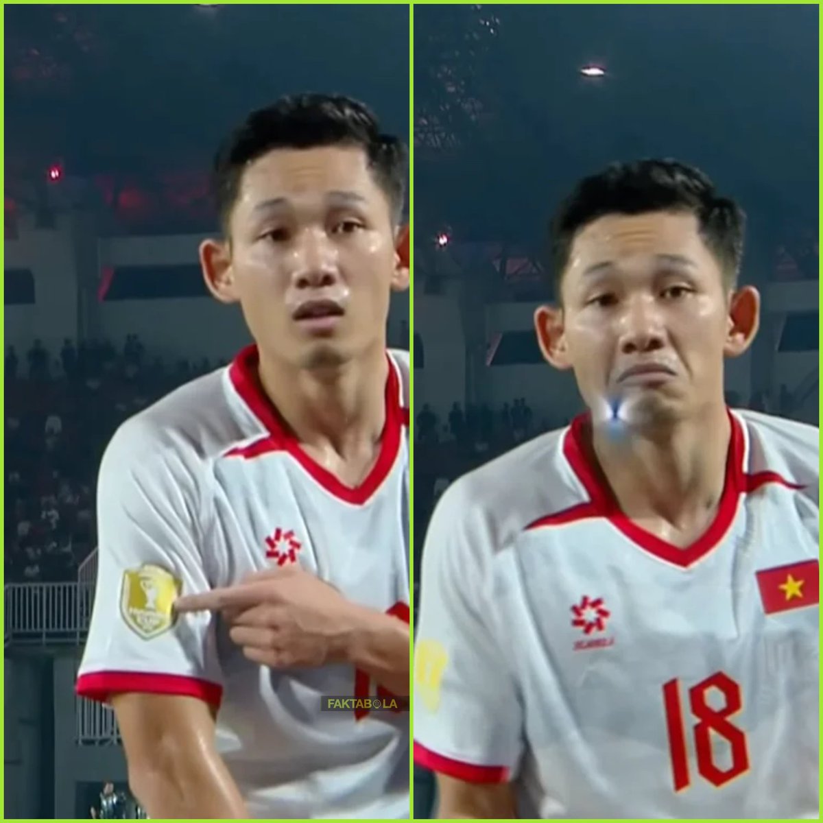 FaktaSepakbola's tweet photo. Selebrasi nunjukin Badge Piala AFF ke Indonesia oleh Nguyen Hai Long.😲🇻🇳

#ASEANHyundaiCup https://t.co/clQap5LzLE