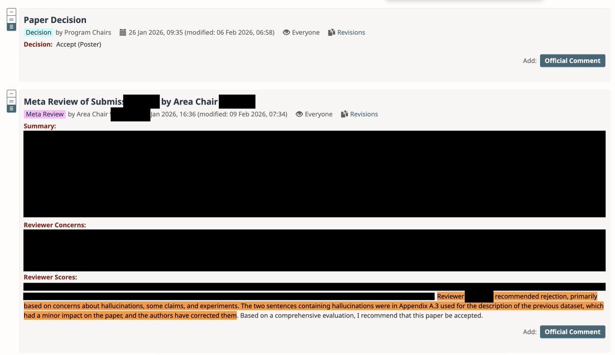 gabriberton's tweet photo. This sucks

I remember flagging an ICLR 26 paper for hallucinations and it got accepted, because the hallucinations that I pointed out have been removed after my review https://t.co/fRhpIvhgBD