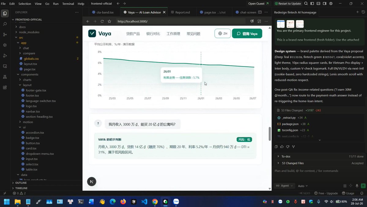 longlong1212121's tweet photo. Quoting my team's Vaya post, here's my side of it, as the one who spent the most hours in the frontend.

What surprised me about Qoder wasn't just the code it wrote. It was watching it QA its own work.

For the @alibaba_cloud Alibaba Cloud hackathon I'm frontend lead on Vaya, an AI loan advisor for borrowers. The question we answer isn't "what's the lowest rate," it's "can I still eat after taking this loan": cashflow simulation, a survival score, and a marketplace where banks bid on an anonymous request. My teammate owns the backend, the survival score, the bank-bidding engine. I asked @qoder_ai_ide to ship the first product-first homepage in a single task.

The prompt was a long written spec plus three brand PDFs: brand proposal, research workflow, loan database. The requirement was specific: AI chat input front and center in the hero like https://t.co/lTzTr4YKf7, with suggestion chips, landing content only after that. Light theme, fintech green, squarer cards, trilingual EN/VI/ZH.

Output: 53 changed files, 11 out of 11 to-dos marked complete. Then this line showed up in its own thought log: "All QA checks passed. Let me spot-check key screenshots myself to confirm the visual quality."

It launched a built-in browser against its own build, captured the chat response with a rendered markdown table, the follow-up chips, the follow-up response, the mobile hero at 390x844, the mobile chat page, and wrote the screenshots into a Report.md I can still read. I've seen AI assistants generate code. I haven't seen one take screenshots of its own output and judge the visual quality.

That alone freed up a lot of my week. With the homepage landed cleanly on the first shot, I could spend my time on the harder parts: the markets screener, the final polish on every section, the cross-browser details that always bite at the end.

The second moment that stuck was in Quest mode, the planning-partner surface. I gave it a deliberately vague ask: "I want users to download a report after the chat finishes. Don't build it. Plan the architecture with me first."

It produced a 256-line spec at .qoder/specs/Chat_PDF_Report_Feature_task-3e2.md. The parts that made me trust it:

Reuse amortSeries() and monteCarlo() already in src/lib/survival.ts instead of recomputing. It had read the file I already had.

100% client-side jsPDF over serverless Puppeteer. Reasoning: Vercel's 50MB bundle limit and cold starts. That's the right call for our deployment; I would not have made it without being prompted.

Dynamic import() for jsPDF and html2canvas so the ~135KB never lands in the initial bundle.

Paginate the amortization table with repeating headers because a 240-month term spans several pages. I hadn't thought about that.

A ReportData type that decouples chat state from the PDF builder. Twelve-step implementation order, each step with the exact file it lives in.

That spec is what I actually built the feature from. No rewrites, no "well actually" moments. Just following a plan that clearly understood the codebase.

What Qoder did for me this week: it produced a first working product-first homepage from a spec and brand PDFs, it wrote an architecture plan for a feature I would otherwise have started building without planning, and it gave me back the hours I would have spent context-switching between scaffolding and the harder decisions. That's the teammate I want next to me at the next hackathon.

Borrow smarter, not harder 🏦
Web (Vercel): https://t.co/zp4grvPZTu
GitHub: https://t.co/XliEjIMkCm

@alibaba_cloud @qoder_ai_ide #QoderHackathon #QoderVietnam

Thanks to our supportive team members:
@khaihoan_ne
@jackvi810 
@jstcallmedann1