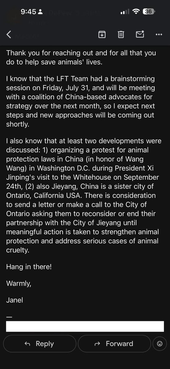 feilung_lau's tweet photo. 轉載自Thread
📢 Lady Freethinker 最新回覆|旺旺事件後續行動更新
我收到 Lady Freethinker 團隊的回信了,跟大家分享目前的最新進度。
首先,他們感謝所有支持者持續為動物發聲,也感謝大家為拯救動物生命所付出的努力。
根據他們的回覆:
🔹 Lady Freethinker 團隊已於 7 月 31 日召開策略會議,並將在未來一個月內,與一個由中國本地動物倡議人士組成的聯盟共同討論後續策略。
因此,他們表示,近期將會陸續公布下一階段的行動與新的倡議方式。
目前已討論的方向至少包括以下兩項:
1️⃣ 在美國華盛頓特區發起動物保護集會
計畫在中國國家主席習近平於 9 月 24 日訪問白宮期間,於美國華盛頓特區舉辦一場以「旺旺」事件為象徵的動物保護倡議活動,呼籲中國建立更完善的動物保護法律。
2️⃣ 推動揭陽姐妹市重新檢視合作關係
他們發現,中國廣東省揭陽市與美國加州安大略市(Ontario, California)為姐妹市。
目前正在考慮向安大略市政府發函或聯繫,呼籲他們重新檢視,甚至暫停或終止與揭陽市的姐妹市合作關係,直到揭陽市對動物保護及重大虐待動物案件採取具體且有意義的改善措施為止。
⸻
💛 Lady Freethinker 最後也鼓勵大家:
“Hang in there!”
「請大家繼續堅持下去,不要放棄。」
這代表國際動保團體仍然持續關注旺旺事件,也正在積極規劃下一階段的國際行動。
🙏 謝謝每一位持續發聲、分享資訊、寄信給中國相關單位,以及參與請願的朋友。
每一個人的努力,都讓世界看見了這起事件,也讓更多國際組織願意投入關注。
請大家繼續為旺旺與所有無法替自己發聲的動物努力。
📢 Update from Lady Freethinker on the Wang Wang Case
I recently received a reply from the Lady Freethinker team, and I wanted to share the latest update with everyone.
First of all, they sincerely thanked everyone who continues to speak up for animals and for all the efforts made to help save animals’ lives.
According to their response:
🔹 The Lady Freethinker team held a strategy meeting on July 31 and will be working over the next month with a coalition of China-based animal advocates to develop the next phase of their campaign.
They expect new actions and advocacy initiatives to be announced soon.
Current plans under discussion include:
1️⃣ Organizing an animal protection rally in Washington, D.C.
The team is considering organizing a public demonstration during President Xi Jinping’s visit to the White House on September 24, using Wang Wang’s case to call for stronger animal protection laws in China.
2️⃣ Calling on Ontario, California to reconsider its sister-city partnership with Jieyang
Jieyang, Guangdong, is a sister city of Ontario, California (USA).
Lady Freethinker is considering sending a formal letter or contacting the City of Ontario, asking officials to reconsider, suspend, or end the sister-city relationship until meaningful action is taken by Jieyang to strengthen animal protection and address serious cases of animal cruelty.
💛 The Lady Freethinker team ended their message with:
“Hang in there!”
This reminds us that the international animal welfare community has not forgotten Wang Wang and is actively planning the next stage of global advocacy.
🙏 Thank you to everyone who has signed petitions, contacted Chinese authorities, shared information, and continued raising awareness.
Every voice matters. Every action makes a difference.
Let’s continue standing together for Wang Wang, her puppies, and all animals who cannot speak for themselves.
#揭陽
#JusticeForWangWang 🐾💛