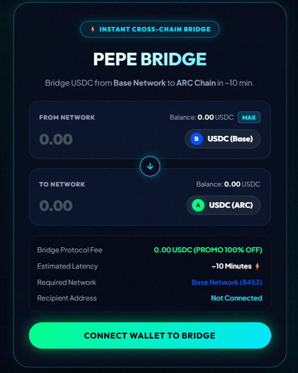 Arc_Pepe_'s tweet photo. Our Arc Bridge is now LIVE! 

Bridge here:
https://t.co/s5P49cljha

 Pepe on Arc  (CA):
0x88714cb0a6ecba2897e3e9d79893fcf7b0e79d95

 All $PEPE holders can bridge to Arc 100% FREE

Arc Mainnet
• RPC: 
https://t.co/QIkptvt7Gq
• Chain ID: 5042
• Network: Arc Mainnet
• Gas Token: USDC

Bridge your tokens and join the Pepe on Arc ecosystem! 🚀