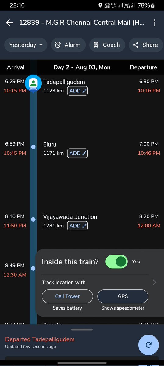 tecnology_bar's tweet photo. Train 12839 is nearly 4 hours late. Thousands of passengers are suffering, and almost every train is running behind schedule. Please improve punctuality and passenger service. @RailMinIndia @RailwaySeva @IRCTCofficial #IndianRailways #TrainDelay @AshwiniVaishnaw @GM_SERailway https://t.co/oyx3g65upq