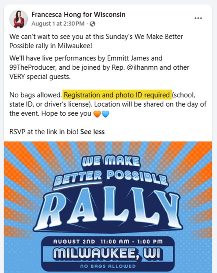 libsoftiktok's tweet photo. Francesca Hong, the Democrat frontrunner for Wisconsin governor, required PHOTO ID for people attending her rally over the weekend.

Democrats are the biggest hypocrites. https://t.co/THwvptsnIe