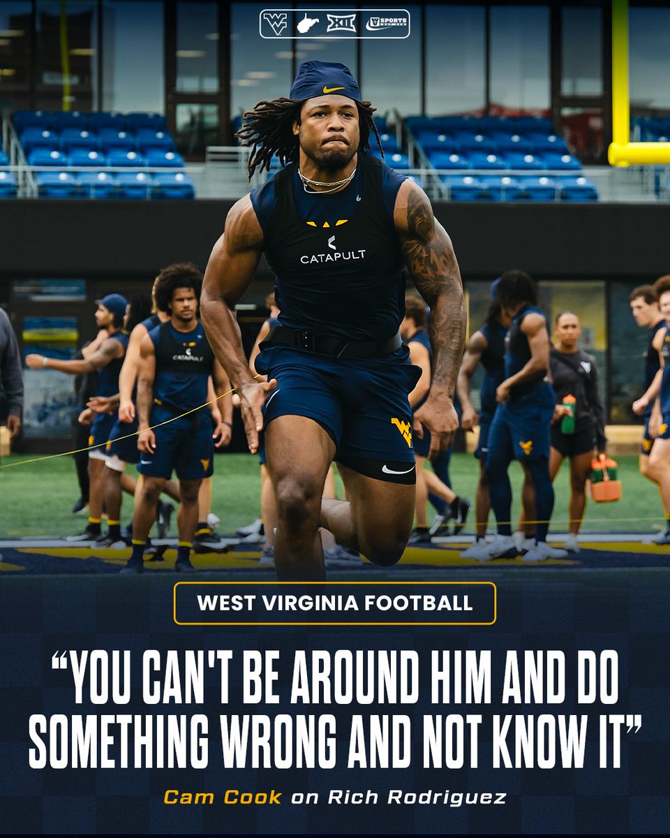 WVSportsDotCom's tweet photo. NEW: #WVU RB Cam Cook says one thing stood out almost immediately after arriving at West Virginia. Rich Rodriguez tells players exactly what he expects and why.

Read ▶️ https://t.co/y21CIYcu5s https://t.co/dELJ5eBYhG