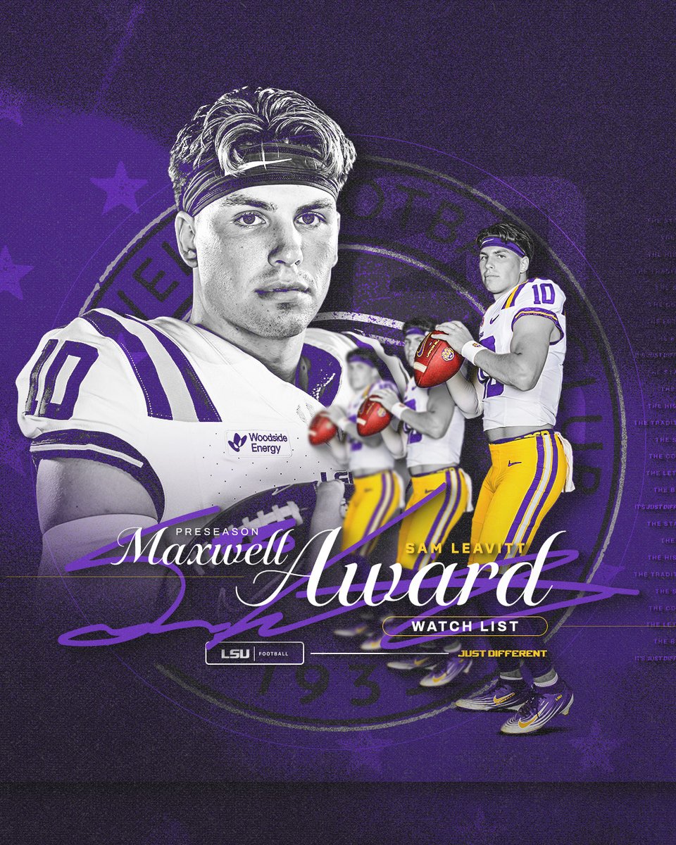 LSUfootball's tweet photo. QB Sam Leavitt is on the Maxwell Award Preseason Watch List 

@S_leav10 https://t.co/qlDdFJGfd9
