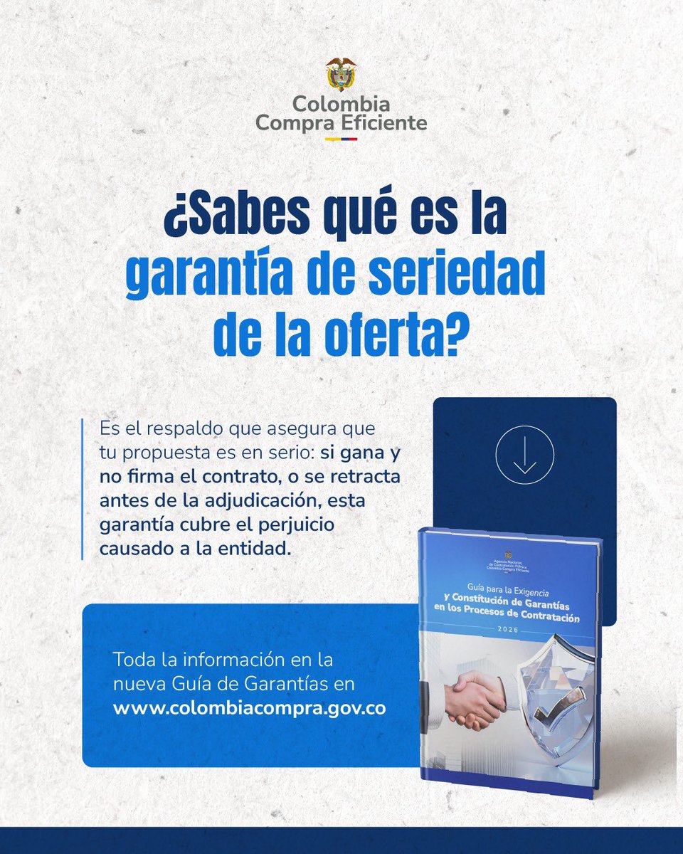 colombiacompra's tweet photo. 🔒 Presentar una oferta al Estado es un compromiso, y así lo respalda esta garantía.

📄 Conoce cómo funciona en la nueva Guía para la Exigencia y Constitución de Garantías en los Procesos de Contratación de Garantías aquí👉 https://t.co/mPlza0OYDW https://t.co/db6B9CKe2B
