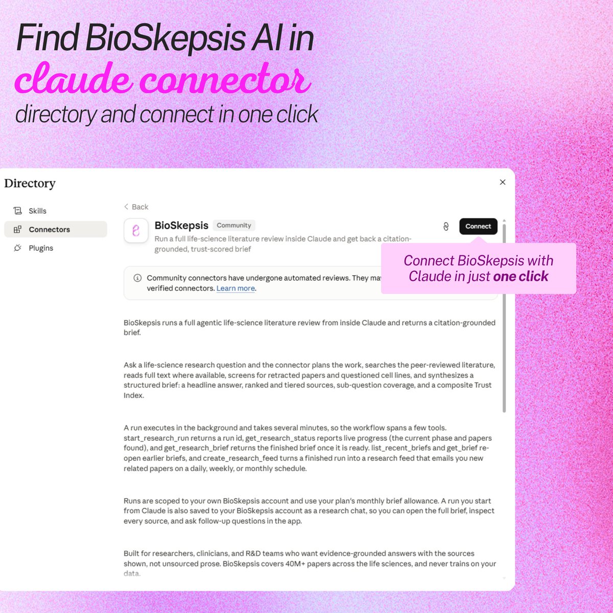 dr_efevretis's tweet photo. Connect BioSkepsis with Claude in just one click https://t.co/DQLI23gqqB